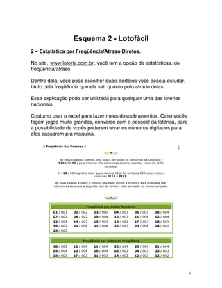 Esquema 2 - Lotofácil
2 – Estatística por Freqüência/Atraso Diretos.
No site, HTUwww.loteria.com.brUTH, você tem a opção de estatístic
freqüência que ela sai, quanto pelo atrado delas.
as, de
freqüência/atraso.
Dentro dela, você pode escolher quais sorteios você deseja estudar,
tanto pela
Essa explicação pode ser utilizada para qualquer uma das loterias
nacionais.
Costumo usar o excel para fazer meus desdobramentos. Caso vocês
façam jogos muito grandes, converse com o pessoal da lotérica, para
a possibilidade de vocês poderem levar os números digitados para
eles pass a a
:: Freqüência das Dezenas
arem pr maquin .
::
No estudo abaixo fizemos uma busca por todos os concursos da LotoFácil (
0115/011 orm e c qu el
9 ) para inf ar-lhe sobr ada dezena, antas vezes a já foi
sorteada.
Ex: 10 / 003 significa di r que a deze 10 já foi sorteada 003 veze ntre o
ze na s e
concurso 0115 e 0119.
As duas tabelas exi tado porém a primeira está ordenada pelo
bem o mesmo resul
número da dezena e a segunda está do número mais sorteado ao menos sorteado.
Freqüência por ordem Numérica
01 / 003 02 / 002 03 / 000 04 / 003 05 / 003 06 / 004
07 / 002 08 / 002 09 / 004 10 / 003 11 / 004 12 / 004
13 / 004 14 / 003 15 / 003 16 / 002 17 / 003 18 / 005
19 / 002 20 / 004 21 / 004 22 / 002 23 / 004 24 / 002
25 / 003
Freqüência por ordem de Freqüência
18 / 005 12 / 004 11 / 004 20 / 004 23 / 004 21 / 004
09 / 004 13 / 004 06 / 004 05 / 003 04 / 003 25 / 003
15 / 003 17 / 003 01 / 003 14 / 003 10 / 003 02 / 002
6
 