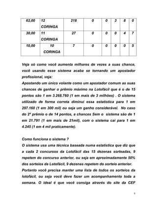 62,00 12
CORINGA
218 0 0 3 8 0
30,00 11
CORINGA
27 0 0 0 4 7
10,00 10
CORINGA
7 0 0 0 0 5
Veja só como você aumenta milhares de vezes a suas chance,
ocê usando esse sistema acaba se tornando um apostador
de todos os sorteios da
v
profissional, veja:
Apostando um único volante como um apostador comum as suas
chances de ganhar o prêmio máximo na Lotofácil que é o de 15
pontos são 1 em 3.268.760 (1 em mais de 3 milhões) . O sistema
utilizado de forma correta diminui essa estatística para 1 em
297.160 (1 em 300 mil) ou seja um ganho considerável. No caso
do 2º prêmio o de 14 pontos, a chances Sem o sistema são de 1
em 21.791 (1 em mais de 21mil), com o sistema cai para 1 em
4.245 (1 em 4 mil praticamente).
Como funciona o sistema ?
O sistema usa uma técnica baseada numa estatística que diz que
a cada 2 concursos da Lotofácil das 15 dezenas sorteadas, 9
repetem do concurso anterior, ou seja em aproximadamente 50%
dos sorteios da Lotofácil, 9 dezenas repetem do sorteio anterior.
Portanto você precisa manter uma lista
lotofácil, ou seja você deve fazer um acompanhamento toda a
semana. O ideal é que você consiga através do site da CEF
9
 
