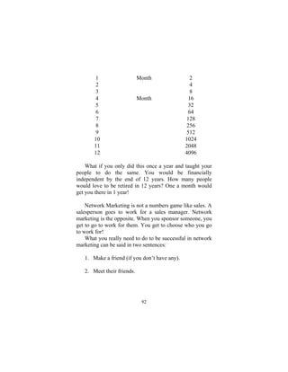 92
1 Month 2
2 4
3 8
4 Month 16
5 32
6 64
7 128
8 256
9 512
10 1024
11 2048
12 4096
What if you only did this once a year and taught your
people to do the same. You would be financially
independent by the end of 12 years. How many people
would love to be retired in 12 years? One a month would
get you there in 1 year!
Network Marketing is not a numbers game like sales. A
salesperson goes to work for a sales manager. Network
marketing is the opposite. When you sponsor someone, you
get to go to work for them. You get to choose who you go
to work for!
What you really need to do to be successful in network
marketing can be said in two sentences:
1. Make a friend (if you don’t have any).
2. Meet their friends.
 