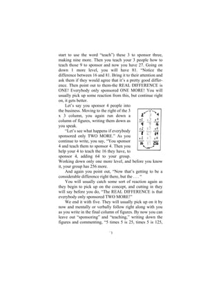 10
start to use the word “teach”) these 3 to sponsor three,
making nine more. Then you teach your 3 people how to
teach those 9 to sponsor and now you have 27. Going on
down 1 more level, you will have 81. “Notice the
difference between 16 and 81. Bring it to their attention and
ask them if they would agree that it’s a pretty good differ-
ence. Then point out to them-the REAL DIFFERENCE is
ONE! Everybody only sponsored ONE MORE! You will
usually pick up some reaction from this, but continue right
on, it gets better.
Let’s say you sponsor 4 people into
the business. Moving to the right of the 3
x 3 column, you again run down a
column of figures, writing them down as
you speak.
“Let’s see what happens if everybody
sponsored only TWO MORE.” As you
continue to write, you say, “You sponsor
4 and teach them to sponsor 4. Then you
help your 4 to teach the 16 they have, to
sponsor 4, adding 64 to your group.
Working down only one more level, and before you know
it, your group has 256 more.
And again you point out, “Now that’s getting to be a
considerable difference right there, but the . . . “
You will usually catch some sort of reaction again as
they begin to pick up on the concept, and cutting in they
will say before you do, “The REAL DIFFERENCE is that
everybody only sponsored TWO MORE!”
We end it with five. They will usually pick up on it by
now and mentally or verbally follow right along with you
as you write in the final column of figures. By now you can
leave out “sponsoring” and “teaching,” writing down the
figures and commenting, “5 times 5 is 25, times 5 is 125,
 