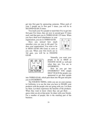 24
get into first gear by sponsoring someone. When each of
your 5 people are in first gear 5 times, you will be in
SECOND GEAR 25 times.
You teach your five people to teach their five to get into
first gear five times, they are now in second gear 25 times
each, and that puts you in THIRD GEAR 125 times. When
you have third level distributors in your
organization, you are in THIRD GEAR.
Have you noticed how much
smoother your car runs in 4th gear? So
does your organization! You want to be
in HIGH GEAR (4th Gear) as soon as
you can. When your first levels are in
3rd gear, you will be in FOURTH
GEAR.
Naturally, you want your
people to be in HIGH or
FOURTH GEAR as well-and
when they are, You are in
OVERDRIVE.
How do you get into
OVERDRIVE? YOU simple
HELP TEACH the people you
sponsored to get their people
into THIRD GEAR, which puts them into 4th gear and puts
you in OVERDRIVE.
The FOURTH THING, while you are on your journey
to California, is to use the time you have to SHARE your
products with the people who are going with you. Let them
try them. Let them experience the benefits of the products.
When they want to know where they can get them . . .
guess what you do at that point. So share with your friends.
For a number of people, this is the retailing part of the
business.
 