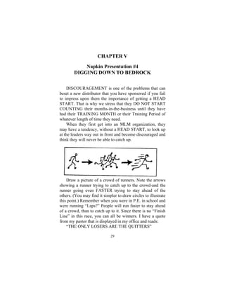 29
CHAPTER V
Napkin Presentation #4
DIGGING DOWN TO BEDROCK
DISCOURAGEMENT is one of the problems that can
beset a new distributor that you have sponsored if you fail
to impress upon them the importance of getting a HEAD
START. That is why we stress that they DO NOT START
COUNTING their months-in-the-business until they have
had their TRAINING MONTH or their Training Period of
whatever length of time they need.
When they first get into an MLM organization, they
may have a tendency, without a HEAD START, to look up
at the leaders way out in front and become discouraged and
think they will never be able to catch up.
Draw a picture of a crowd of runners. Note the arrows
showing a runner trying to catch up to the crowd-and the
runner going even FASTER trying to stay ahead of the
others. (You may find it simpler to draw circles to illustrate
this point.) Remember when you were in P.E. in school and
were running “Laps?” People will run faster to stay ahead
of a crowd, than to catch up to it. Since there is no “Finish
Line” in this race, you can all be winners. I have a quote
from my pastor that is displayed in my office and reads:
“THE ONLY LOSERS ARE THE QUITTERS”
 