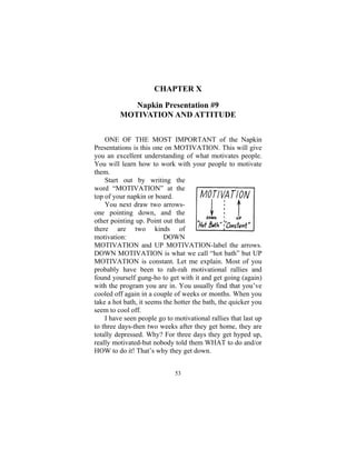 53
CHAPTER X
Napkin Presentation #9
MOTIVATION AND ATTITUDE
ONE OF THE MOST IMPORTANT of the Napkin
Presentations is this one on MOTIVATION. This will give
you an excellent understanding of what motivates people.
You will learn how to work with your people to motivate
them.
Start out by writing the
word “MOTIVATION” at the
top of your napkin or board.
You next draw two arrows-
one pointing down, and the
other pointing up. Point out that
there are two kinds of
motivation: DOWN
MOTIVATION and UP MOTIVATION-label the arrows.
DOWN MOTIVATION is what we call “hot bath” but UP
MOTIVATION is constant. Let me explain. Most of you
probably have been to rah-rah motivational rallies and
found yourself gung-ho to get with it and get going (again)
with the program you are in. You usually find that you’ve
cooled off again in a couple of weeks or months. When you
take a hot bath, it seems the hotter the bath, the quicker you
seem to cool off.
I have seen people go to motivational rallies that last up
to three days-then two weeks after they get home, they are
totally depressed. Why? For three days they get hyped up,
really motivated-but nobody told them WHAT to do and/or
HOW to do it! That’s why they get down.
 