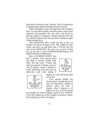 55
them build a business-a real “sponsor”-with a commitment
to helping others ahead of helping himself or herself.
What will happen is they will drop below the 50 degree
level. You get back together with them again, answer their
objections and questions they may have, and they’ll go
back up, maybe to 70 degrees. And this time they will stay
up a little bit longer before they go below 50 degrees again
in their attitude level.
THE QUESTION: How would you like to have an
attitude level about 50 degrees ALL THE TIME? In other
words, you aren’t up and down like a YO-YO, but you
want to be CONSTANT. The only way we know of that
you can do that is with UP MOTIVATION-because UP
MOTIVATION is CONSTANT.
Here is UP-MOTIVATION: You
have a sponsor. Your sponsor (SP.)
will help to sponsor people FOR
YOU. We start with 5. Notice that
when you sponsor 5 people, you have
only 25 degrees. Again, a mistake to
avoid: sponsoring more than you can
effectively work with; adding 5
degrees at a time and losing them
just as fast.
Your sponsor helped you
sponsor these 5 people and you in
turn will help those 5 people to
sponsor others for their 5
degrees. Their 5 degrees is 10
degrees for you. All your second
level people are worth 10 degrees each for you. NOTICE:
if you only helped one of the 5 people to sponsor 5 others,
that would put you above 50 degrees.
 