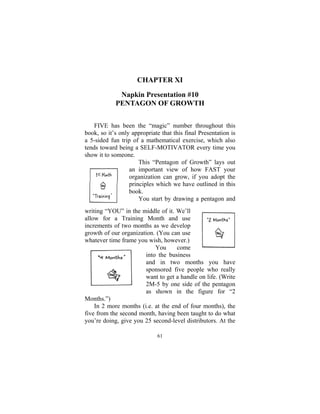 61
CHAPTER XI
Napkin Presentation #10
PENTAGON OF GROWTH
FIVE has been the “magic” number throughout this
book, so it’s only appropriate that this final Presentation is
a 5-sided fun trip of a mathematical exercise, which also
tends toward being a SELF-MOTIVATOR every time you
show it to someone.
This “Pentagon of Growth” lays out
an important view of how FAST your
organization can grow, if you adopt the
principles which we have outlined in this
book.
You start by drawing a pentagon and
writing “YOU” in the middle of it. We’ll
allow for a Training Month and use
increments of two months as we develop
growth of our organization. (You can use
whatever time frame you wish, however.)
You come
into the business
and in two months you have
sponsored five people who really
want to get a handle on life. (Write
2M-5 by one side of the pentagon
as shown in the figure for “2
Months.”)
In 2 more months (i.e. at the end of four months), the
five from the second month, having been taught to do what
you’re doing, give you 25 second-level distributors. At the
 