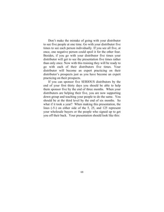 68
Don’t make the mistake of going with your distributor
to see five people at one time. Go with your distributor five
times to see each person individually. If you see all five, at
once, one negative person could spoil it for the other four.
Besides, if you go with your distributor five times your
distributor will get to see the presentation five times rather
than only once. Now with this training they will be ready to
go with each of their distributors five times. Your
distributor will become an expert practicing on their
distributor’s prospects just as you have become an expert
practicing on their prospects.
If you can sponsor five SERIOUS distributors by the
end of your first thirty days you should be able to help
them sponsor five by the end of three months. When your
distributors are helping their five, you are now supporting
down group and teaching your people to do the same. You
should be at the third level by the end of six months. So
what if it took a year? When making this presentation, the
lines (-5-) on either side of the 5, 25, and 125 represent
your wholesale buyers or the people who signed up to get
you off their back. Your presentation should look like this:
 