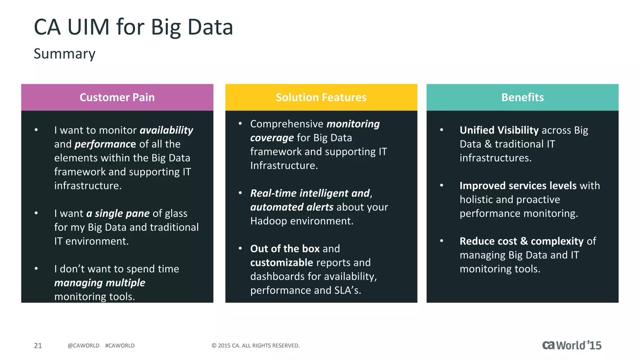 21 © 2015 CA. ALL RIGHTS RESERVED.@CAWORLD #CAWORLD
CA UIM for Big Data
Summary
• I want to monitor availability
and performance of all the
elements within the Big Data
framework and supporting IT
infrastructure.
• I want a single pane of glass
for my Big Data and traditional
IT environment.
• I don’t want to spend time
managing multiple
monitoring tools.
Customer Pain
• Comprehensive monitoring
coverage for Big Data
framework and supporting IT
Infrastructure.
• Real-time intelligent and,
automated alerts about your
Hadoop environment.
• Out of the box and
customizable reports and
dashboards for availability,
performance and SLA’s.
Solution Features
• Unified Visibility across Big
Data & traditional IT
infrastructures.
• Improved services levels with
holistic and proactive
performance monitoring.
• Reduce cost & complexity of
managing Big Data and IT
monitoring tools.
Benefits
 