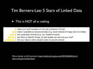 Tim Berners-Lee: 5 Stars of Linked Data

•   This is NOT all or nothing




More thanks to Ed Summers: http://inkdroid.org/journal/2010/06/04/the-5-
stars-of-open-linked-data/
 