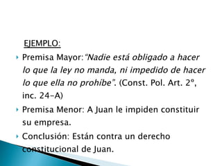 EJEMPLO: Premisa Mayor: “Nadie está obligado a hacer lo que la ley no manda, ni impedido de hacer lo que ella no prohíbe” . (Const. Pol. Art. 2º, inc. 24-A) Premisa Menor: A Juan le impiden constituir su empresa. Conclusión: Están contra un derecho constitucional de Juan. 