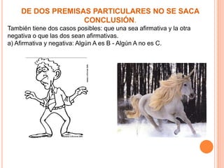 DE DOS PREMISAS PARTICULARES NO SE SACA
CONCLUSIÓN.
También tiene dos casos posibles: que una sea afirmativa y la otra
negativa o que las dos sean afirmativas.
a) Afirmativa y negativa: Algún A es B - Algún A no es C.
 