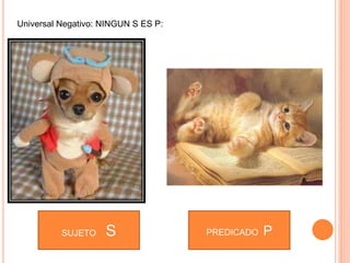 SUJETO S PREDICADO P
Universal Negativo: NINGUN S ES P:
 