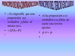 • « Es imposible que una
proposición sea
verdadera y falsa al
misma vez».
• ~ 𝑃⋀~𝑃
•
• «Una proposición o es
verdadera o es falsa, no
existe una tercera
opción»
• 𝑝 ∨∼ 𝑝
•
 