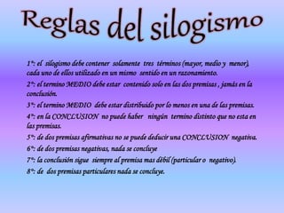 1°: el silogismo debe contener solamente tres términos (mayor, medio y menor),
cada uno de ellos utilizado en un mismo sentido en un razonamiento.
2°: el termino MEDIO debe estar contenido solo en las dos premisas , jamás en la
conclusión.
3°: el termino MEDIO debe estar distribuido por lo menos en una de las premisas.
4°: en la CONCLUSION no puede haber ningún termino distinto que no esta en
las premisas.
5°: de dos premisas afirmativas no se puede deducir una CONCLUSION negativa.
6°: de dos premisas negativas, nada se concluye
7°: la conclusión sigue siempre al premisa mas débil (particular o negativo).
8°: de dos premisas particulares nada se concluye.
 