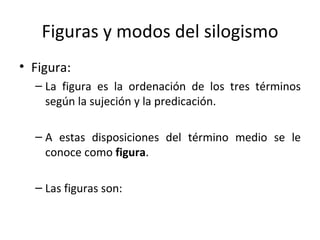 Figuras y modos del silogismo Figura: La figura es la ordenación de los tres términos según la sujeción y la predicación. A estas disposiciones del término medio se le conoce como  figura . Las figuras son: 