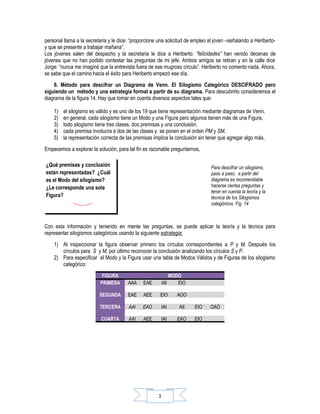 personal llama a la secretaria y le dice: “proporcione una solicitud de empleo al joven –señalando a Heriberto-
y que se presente a trabajar mañana”.
Los jóvenes salen del despacho y la secretaria le dice a Heriberto: “felicidades” han venido decenas de
jóvenes que no han podido contestar las preguntas de mi jefe. Ambos amigos se retiran y en la calle dice
Jorge: “nunca me imaginé que la entrevista fuera de ese mugroso círculo”. Heriberto no comento nada. Ahora,
se sabe que el camino hacia el éxito para Heriberto empezó ese día.
    6. Método para descifrar un Diagrama de Venn. El Silogismo Categórico DESCIFRADO pero
siguiendo un método y una estrategia formal a partir de su diagrama. Para descubrirlo consideremos el
diagrama de la figura 14. Hay que tomar en cuenta diversos aspectos tales que:

    1)   el silogismo es válido y es uno de los 19 que tiene representación mediante diagramas de Venn,
    2)   en general, cada silogismo tiene un Modo y una Figura pero algunos tienen más de una Figura,
    3)   todo silogismo tiene tres clases, dos premisas y una conclusión,
    4)   cada premisa involucra a dos de las clases y se ponen en el orden PM y SM,
    5)   la representación correcta de las premisas implica la conclusión sin tener que agregar algo más,
Empecemos a explorar la solución, para tal fin es razonable preguntarnos,

¿Qué premisas y conclusión                                                      Para descifrar un silogismo,
están representadas? ¿Cuál                                                      paso a paso, a partir del
es el Modo del silogismo?                                                       diagrama es recomendable
¿Le corresponde una sola                                                        hacerse ciertas preguntas y
                                                                                tener en cuenta la teoría y la
Figura?                                                                         técnica de los Silogismos
                                                                                categóricos. Fig. 14



Con esta información y teniendo en mente las preguntas, se puede aplicar la teoría y la técnica para
representar silogismos categóricos usando la siguiente estrategia:
    1) Al inspeccionar la figura observar primero los círculos correspondientes a P y M. Después los
       círculos para S y M, por último reconocer la conclusión analizando los círculos S y P.
    2) Para especificar el Modo y la Figura usar una tabla de Modos Válidos y de Figuras de los silogismo
       categórico:
                           FIGURA                             MODO
                          PRIMERA       AAA    EAE        AII    EIO

                          SEGUNDA       EAE    AEE     EIO      AOO

                          TERCERA       AAI    EAO        IAI    AII    EIO    OAO

                           CUARTA       AAI    AEE        IAI   EAO     EIO




                                                      1
 
