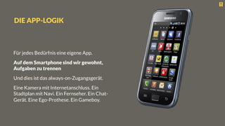 DIE APP-LOGIK
Für jedes Bedürfnis eine eigene App.
Auf dem Smartphone sind wir gewohnt,
Aufgaben zu trennen
Und dies ist das always-on-Zugangsgerät.
Eine Kamera mit Internetanschluss. Ein
Stadtplan mit Navi. Ein Fernseher. Ein Chat-
Gerät. Eine Ego-Prothese. Ein Gameboy.
 