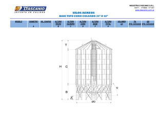 INDUSTRIA D'ASCANIO S.R.L.
03471 - 470806 / 471207
www.dascanio.com.ar
MODELO DIÁMETRO HIL. CHAPAS ALTURA ALTURA ALTURA ALTURA ALTURA VOLUMEN TN. QQ
TECHO CILINDRO CONO BASE TOTAL m3 (P.E.: 0,8 tn/m3) (P.E.: 0,8 tn/m3)
A B C D F H 0,8
SILOS AEREOS
BASE TIPO CONO COLGADO 35º O 40º
 
