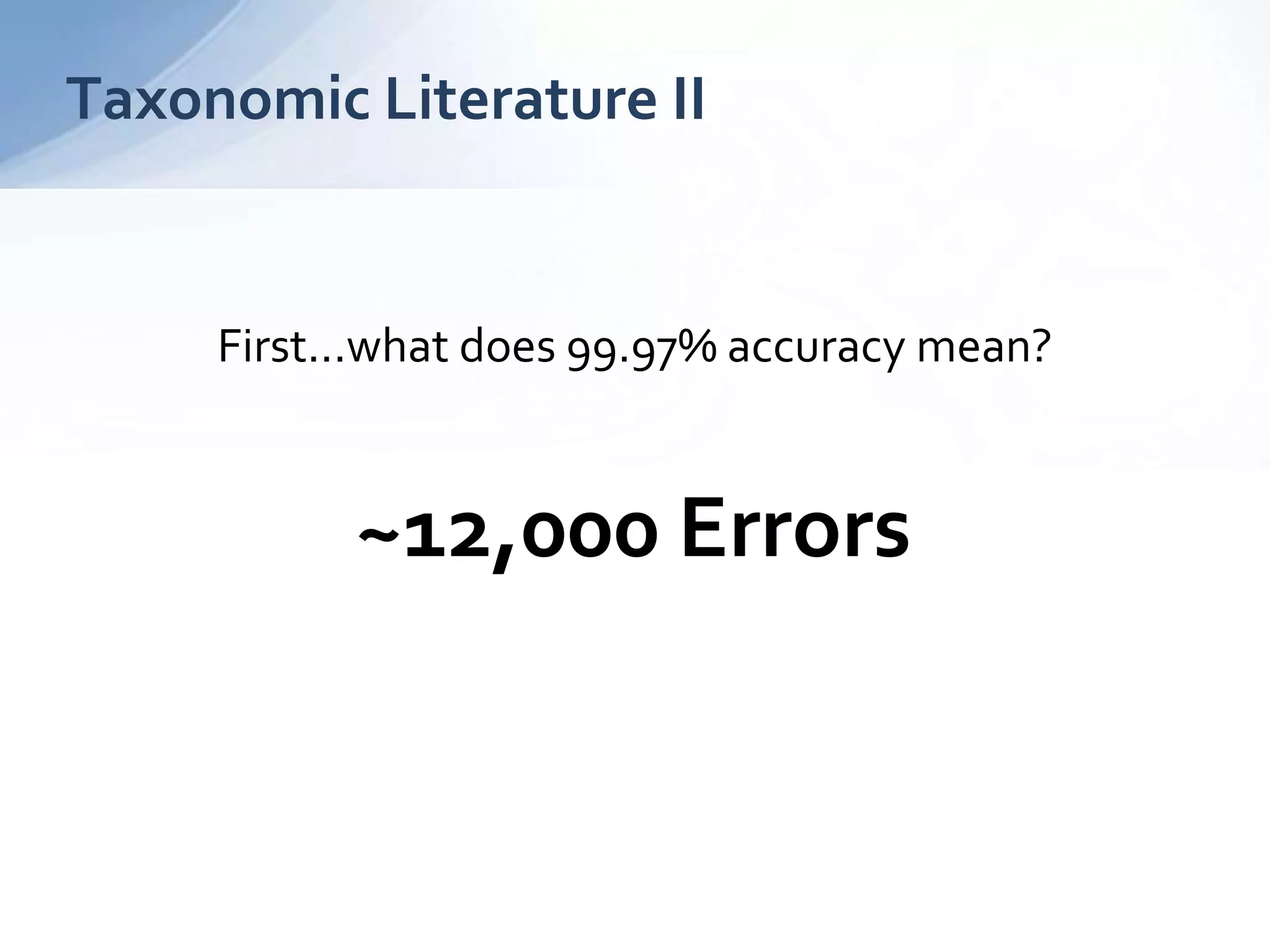 First...what does 99.97% accuracy mean?
Taxonomic Literature II
~12,000 Errors
 
