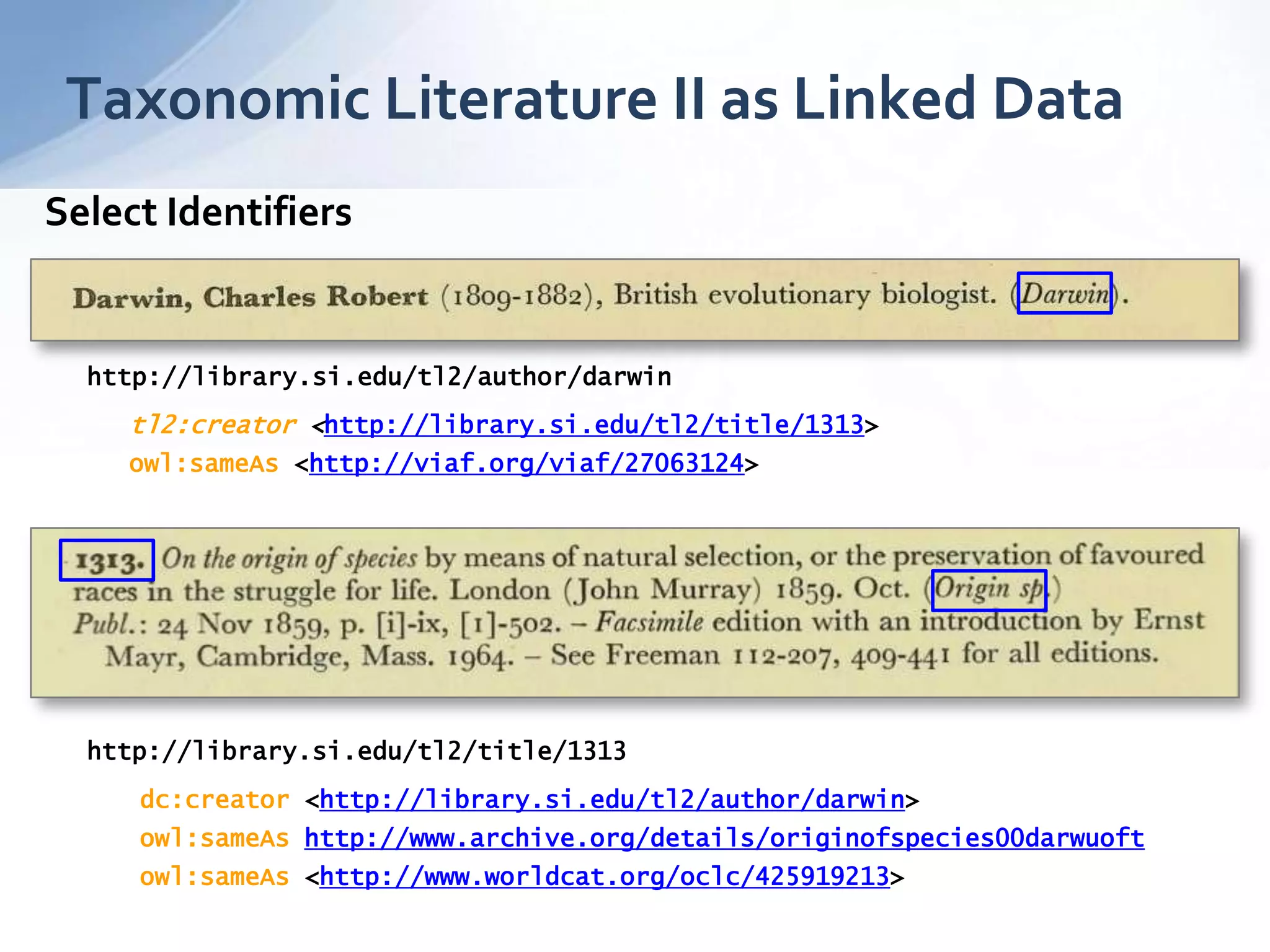 Taxonomic Literature II as Linked Data
http://library.si.edu/tl2/author/darwin
http://library.si.edu/tl2/title/1313
tl2:creator <http://library.si.edu/tl2/title/1313>
owl:sameAs <http://viaf.org/viaf/27063124>
dc:creator <http://library.si.edu/tl2/author/darwin>
owl:sameAs http://www.archive.org/details/originofspecies00darwuoft
owl:sameAs <http://www.worldcat.org/oclc/425919213>
Select Identifiers
 