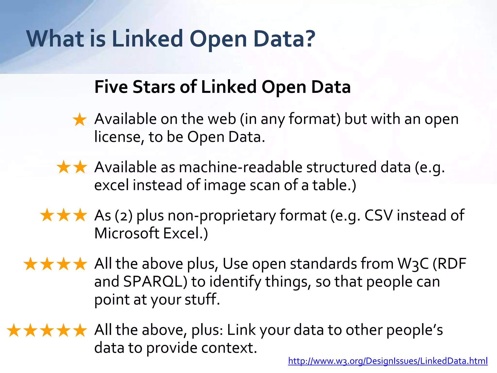 Five Stars of Linked Open Data
Available on the web (in any format) but with an open
license, to be Open Data.
Available as machine-readable structured data (e.g.
excel instead of image scan of a table.)
As (2) plus non-proprietary format (e.g. CSV instead of
Microsoft Excel.)
All the above plus, Use open standards from W3C (RDF
and SPARQL) to identify things, so that people can
point at your stuff.
All the above, plus: Link your data to other people’s
data to provide context.
What is Linked Open Data?
★
★★
★★★
★★★★
★★★★★
http://www.w3.org/DesignIssues/LinkedData.html
 