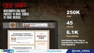 #SocialPro #23A1 @matt_siltala#SocialPro #23A1 @matt_siltala
250K
PINS
45
POSTS
6.1K
FOLLOWERS
PINTEREST WAS THE #1
MARKETING STRATEGY TO
THE WEBSITE.
 