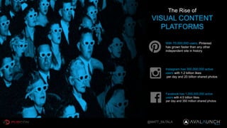 @MATT_SILTALA
The Rise of
VISUAL CONTENT
PLATFORMS
With 70,000,000 users, Pinterest
has grown faster than any other
independent site in history
Instagram has 300,000,000 active
users with 1.2 billion likes
per day and 20 billion shared photos
Facebook has 1,000,000,000 active
users with 4.5 billion likes
per day and 350 million shared photos
 