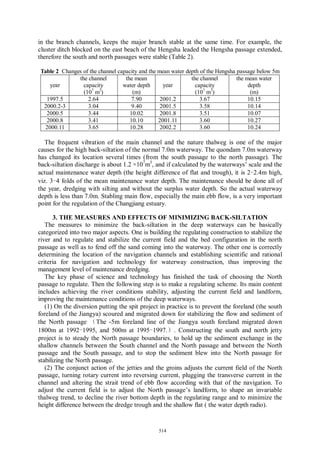 in the branch channels, keeps the major branch stable at the same time. For example, the
cluster ditch blocked on the east beach of the Hengsha leaded the Hengsha passage extended,
therefore the south and north passages were stable (Table 2).

Table 2 Changes of the channel capacity and the mean water depth of the Hengsha passage below 5m
              the channel         the mean                   the channel        the mean water
   year         capacity         water depth      year         capacity              depth
                (107 m3)             (m)                       (107 m3)               (m)
  1997.5          2.64               7.90        2001.2          3.67                10.15
 2000.2-3         3.04               9.40        2001.5          3.58                10.14
  2000.5          3.44              10.02        2001.8          3.51                10.07
  2000.8          3.41              10.10       2001.11          3.60                10.27
 2000.11          3.65              10.28        2002.2          3.60                10.24

   The frequent vibration of the main channel and the nature thalweg is one of the major
causes for the high back-siltation of the normal 7.0m waterway. The quondam 7.0m waterway
has changed its location several times (from the south passage to the north passage). The
back-siltation discharge is about 1.2 ×107m3, and if calculated by the waterways’ scale and the
actual maintenance water depth (the height difference of flat and trough), it is 2-2.4m high,
viz. 3-4 folds of the mean maintenance water depth. The maintenance should be done all of
the year, dredging with silting and without the surplus water depth. So the actual waterway
depth is less than 7.0m. Stabling main flow, especially the main ebb flow, is a very important
point for the regulation of the Changjiang estuary.

       3. THE MEASURES AND EFFECTS OF MINIMIZING BACK-SILTATION
   The measures to minimize the back-siltation in the deep waterways can be basically
categorized into two major aspects. One is building the regulating construction to stabilize the
river and to regulate and stabilize the current field and the bed configuration in the north
passage as well as to fend off the sand coming into the waterway. The other one is correctly
determining the location of the navigation channels and establishing scientific and rational
criteria for navigation and technology for waterway construction, thus improving the
management level of maintenance dredging.
   The key phase of science and technology has finished the task of choosing the North
passage to regulate. Then the following step is to make a regulating scheme. Its main content
includes achieving the river conditions stability, adjusting the current field and landform,
improving the maintenance conditions of the deep waterways.
   (1) On the diversion putting the spit project in practice is to prevent the foreland (the south
foreland of the Jiangya) scoured and migrated down for stabilizing the flow and sediment of
the North passage （The -5m foreland line of the Jiangya south foreland migrated down
1800m at 1992-1995, and 500m at 1995-1997.）. Constructing the south and north jetty
project is to steady the North passage boundaries, to hold up the sediment exchange in the
shallow channels between the South channel and the North passage and between the North
passage and the South passage, and to stop the sediment blew into the North passage for
stabilizing the North passage.
   (2) The conjunct action of the jetties and the groins adjusts the current field of the North
passage, turning rotary current into reversing current, plugging the transverse current in the
channel and altering the strait trend of ebb flow according with that of the navigation. To
adjust the current field is to adjust the North passage’s landform, to shape an invariable
thalweg trend, to decline the river bottom depth in the regulating range and to minimize the
height difference between the dredge trough and the shallow flat ( the water depth radio).


                                                514
 
