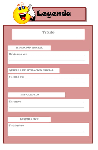LeyendaLeyenda
SITUACIÓN INICIAL
Había una vez ____________________________________
________________________________________________
QUIEBRE DE SITUACIÓN INICIAL
Sucedió que _____________________________________
_______________________________________________
Título
________________________________
DESARROLLO
Entonces _______________________________________
_______________________________________________
DESENLANCE
Finalmente ______________________________________
_______________________________________________
 