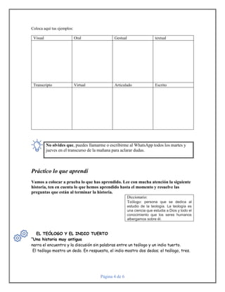 Página 4 de 6
Coloca aquí tus ejemplos:
Visual Oral Gestual textual
Transcripto Virtual Articulado Escrito
Práctico lo que aprendí
Vamos a colocar a prueba lo que has aprendido. Lee con mucha atención la siguiente
historia, ten en cuenta lo que hemos aprendido hasta el momento y resuelve las
preguntas que están al terminar la historia.
Diccionario:
Teólogo: persona que se dedica al
estudio de la teología. La teología es
una ciencia que estudia a Dios y todo el
conocimiento que los seres humanos
albergamos sobre él.
12EL TEÓLOGO Y EL INDIO TUERTO
“Una historia muy antigua
narra el encuentro y la discusión sin palabras entre un teólogo y un indio tuerto.
El teólogo mostro un dedo. En respuesta, el indio mostro dos dedos; el teólogo, tres.
No olvides que, puedes llamarme o escribirme al WhatsApp todos los martes y
jueves en el transcurso de la mañana para aclarar dudas.
 
