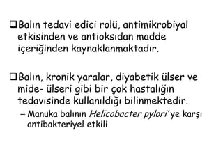 Antibiyotiklerin devamlı kullanımı, antibiyotiklere dirençli kökenlerin oluşmasına neden olmuştur.Bu durum, apiterapi (arı ürünleriyle tedavi) gibi alternatif tedavi yöntemlerine yeniden aktiflik kazandırmıştır.Arıların ürettikleri ürünlerin gıda ve sağlığa katkısı, balın tıbbi kullanımını yeniden canlandırmıştır.