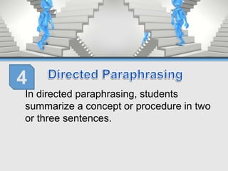 In directed paraphrasing, students
summarize a concept or procedure in two
or three sentences.
4
 