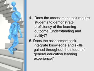 4. Does the assessment task require
students to demonstrate
proficiency of the learning
outcome (understanding and
ability)?
5. Does the assessment task
integrate knowledge and skills
gained throughout the students’
general education learning
experience?
 