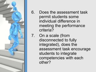 6. Does the assessment task
permit students some
individual difference in
meeting the performance
criteria?
7. On a scale (from
disconnected to fully
integrated), does the
assessment task encourage
students to integrate
competencies with each
other?
 