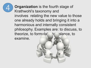 Organization is the fourth stage of
Krathwohl’s taxonomy and
involves relating the new value to those
one already holds and bringing it into a
harmonious and internally consistent
philosophy. Examples are: to discuss, to
theorize, to formulate, to balance, to
examine.
4
 