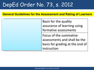 DEPARTMENT OF EDUCATION
Attainment of Learning
outcomes
Basis for the quality
assurance of learning using
formative assessments
Focus of the summative
assessments and shall be the
basis for grading at the end of
instruction
DepEd Order No. 73, s. 2012
General Guidelines for the Assessment and Rating of Learners
DepEd Order No. 73, s. 2012
 