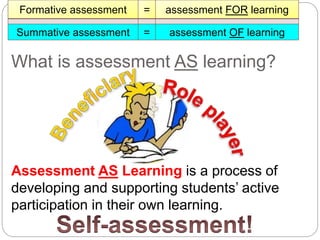 Formative assessment = assessment FOR learning
Summative assessment = assessment OF learning
What is assessment AS learning?
Assessment AS Learning is a process of
developing and supporting students’ active
participation in their own learning.
 