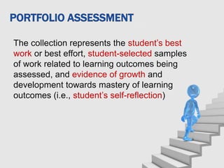 Your Sub Title Here
The collection represents the student’s best
work or best effort, student-selected samples
of work related to learning outcomes being
assessed, and evidence of growth and
development towards mastery of learning
outcomes (i.e., student’s self-reflection)
 