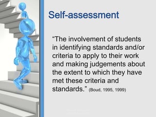 “The involvement of students
in identifying standards and/or
criteria to apply to their work
and making judgements about
the extent to which they have
met these criteria and
standards.” (Boud, 1995, 1999)
Phase II. Activity 4.1
Authentic Assessment
 