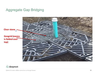 Options for when utilities cannot be run through frames 20
Clear stone
Geogrid (excess
is folded over
top)
Aggregate Gap Bridging
 