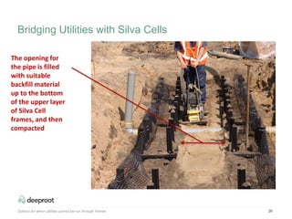 26
The opening for
the pipe is filled
with suitable
backfill material
up to the bottom
of the upper layer
of Silva Cell
frames, and then
compacted
Options for when utilities cannot be run through frames
Bridging Utilities with Silva Cells
 