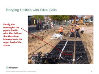 27
Finally, the
opening for the
pipe is filled in
with Silva Cells so
that there is no
interruption in the
upper level of the
sytem
Bridging Utilities with Silva Cells
Options for when utilities cannot be run through frames
 
