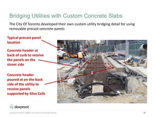 34
The City Of Toronto developed their own custom utility bridging detail for using
removable precast concrete panels
Concrete header at
back of curb to receive
the panels on the
street side
Concrete header
poured at on the back
side of the utility to
receive panels
supported by Silva Cells
Typical precast panel
location
Bridging Utilities with Custom Concrete Slabs
Options for when utilities cannot be run through frames
 