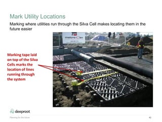 42
Marking where utilities run through the Silva Cell makes locating them in the
future easier
Marking tape laid
on top of the Silva
Cells marks the
location of lines
running through
the system
Mark Utility Locations
Planning for the future
 