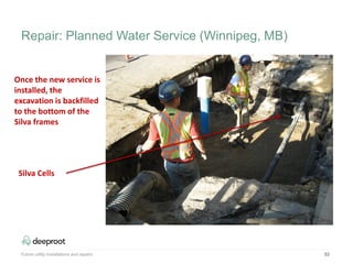 53
Once the new service is
installed, the
excavation is backfilled
to the bottom of the
Silva frames
Silva Cells
Future utility installations and repairs
Repair: Planned Water Service (Winnipeg, MB)
 