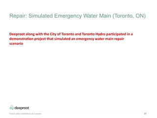 57
Deeproot along with the City of Toronto and Toronto Hydro participated in a
demonstration project that simulated an emergency water main repair
scenario
Future utility installations and repairs
Repair: Simulated Emergency Water Main (Toronto, ON)
 
