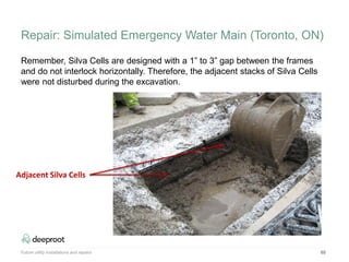 65
Remember, Silva Cells are designed with a 1” to 3” gap between the frames
and do not interlock horizontally. Therefore, the adjacent stacks of Silva Cells
were not disturbed during the excavation.
Adjacent Silva Cells
Future utility installations and repairs
Repair: Simulated Emergency Water Main (Toronto, ON)
 
