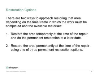 67
There are two ways to approach restoring that area
depending on the time frame in which the work must be
completed and the available materials:
1. Restore the area temporarily at the time of the repair
and do the permanent restoration at a later date.
2. Restore the area permanently at the time of the repair
using one of three permanent restoration options.
Future utility installations and repairs
Restoration Options
 