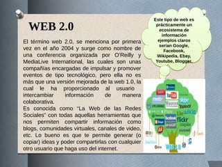 WEB 2.0
El término web 2.0, se menciona por primera
vez en el año 2004 y surge como nombre de
una conferencia organizada por O’Reilly y
MediaLive International, las cuales son unas
compañías encargadas de impulsar y promover
eventos de tipo tecnológico, pero ella no es
más que una versión mejorada de la web 1.0, la
cual le ha proporcionado al usuario
intercambiar información de manera
colaborativa.
Es conocida como “La Web de las Redes
Sociales” con todas aquellas herramientas que
nos permiten compartir información como
blogs, comunidades virtuales, canales de video,
etc. Lo bueno es que te permite generar (o
copiar) ideas y poder compartirlas con cualquier
otro usuario que haga uso del internet.
Este tipo de web es
prácticamente un
ecosistema de
información
ejemplos claros
serian Google,
Facebook,
Wikipedia, Ebay,
Youtube, Blogger.
Este tipo de web es
prácticamente un
ecosistema de
información
ejemplos claros
serian Google,
Facebook,
Wikipedia, Ebay,
Youtube, Blogger.
 