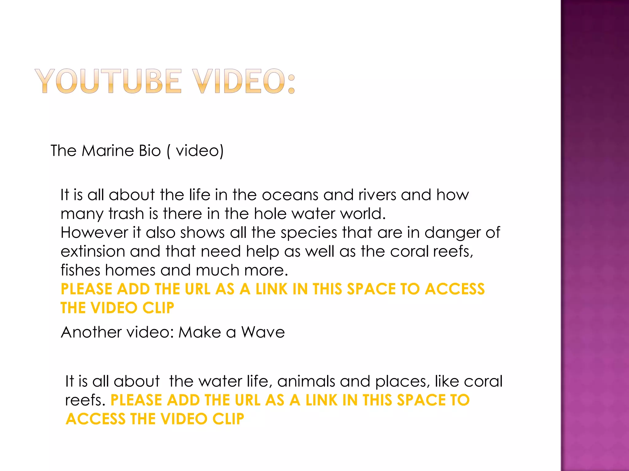 INSTITUCIONS FOR WATER POLLUTIONMarine Bio is fully commited to marine and oceans conservation and founded a concept that by sharing the wonderes of the 7 seas and 5 oceans and the hole marine life and world, people will be insired and passionate to protect them. Peopl can consider becoming a Marine Bio Conservation Society Member to help us bring the ocean and the conservation message to as many people as possible.Global Marine ConsevationAntartic and Southern Oceans Coalition(ASOC): The ASOC´s southern oceans fisheries campaign works on five continents to stop the illegal unreported fishing that is dramatically affecting fishes homes.Blu Ocean Institute: a organisation dedicated to inspiring ocean conservation through science.Conservation International: a organisation based on Washington DC and operating in more than 30 countries world wide.YOUTUBE VIDEO: The Marine Bio REF:marinebio.org