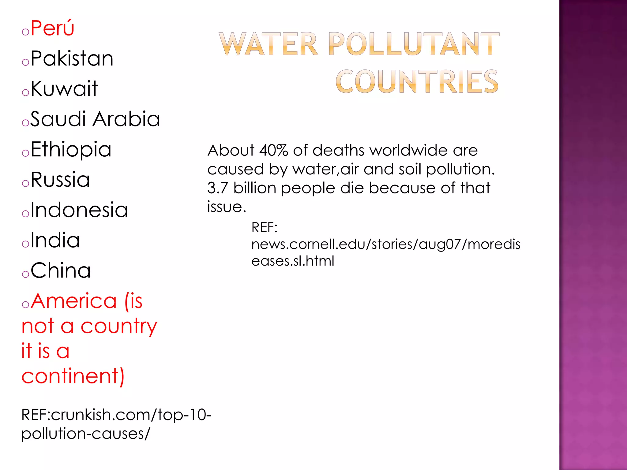 Water pollutant countriesAbout 40% of deaths worldwide are caused by water,air and soil pollution.3.7 billion people die because of that issue.Perú